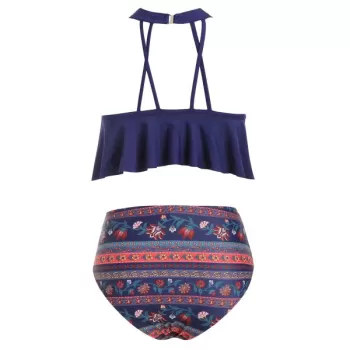 Lattice Flounce Printed High Waisted Tankini wimsuit - Denim Dark Blue
