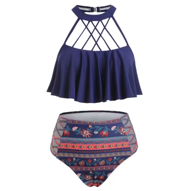Lattice Flounce Printed High Waisted Tankini wimsuit - Denim Dark Blue