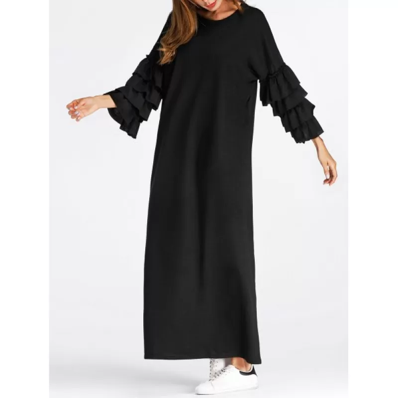 Layered Bell leeve Maxi Dress - Black