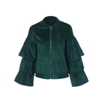 ayered Ruffles Zip Up Faux Suede Jacket - Dark Green