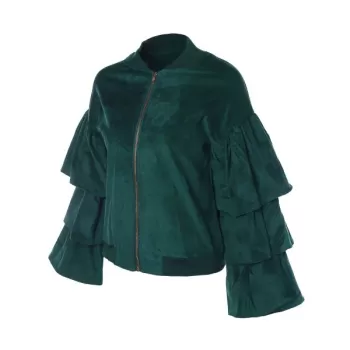 ayered Ruffles Zip Up Faux Suede Jacket - Dark Green