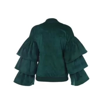 ayered Ruffles Zip Up Faux Suede Jacket - Dark Green
