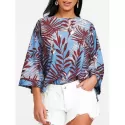 Leaf Bird Print High Low Blouse -