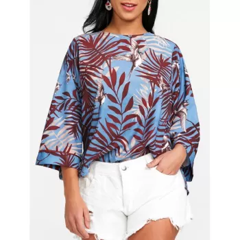 Leaf Bird Print High Low Blouse -