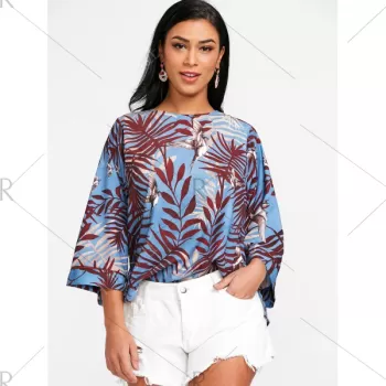 Leaf Bird Print High Low Blouse -