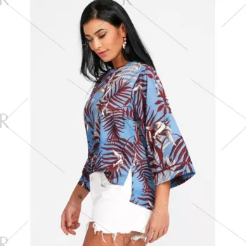 Leaf Bird Print High Low Blouse -