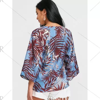 Leaf Bird Print High Low Blouse -