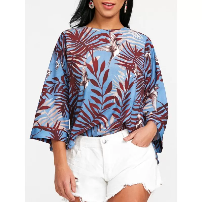 Leaf Bird Print High Low Blouse -