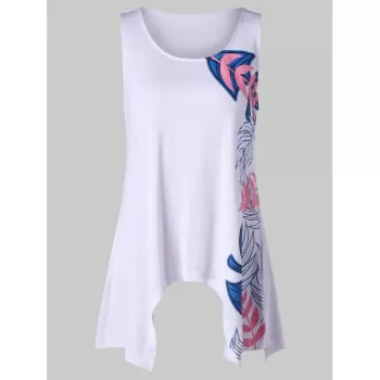 Leaf Print Asymmetric Hem Tank Top - White