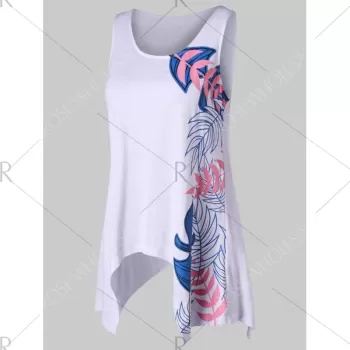 Leaf Print Asymmetric Hem Tank Top - White
