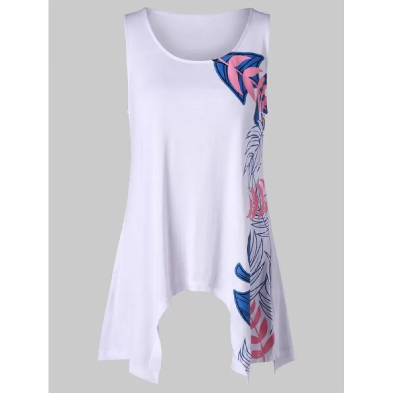 Leaf Print Asymmetric Hem Tank Top - White