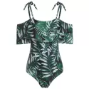 Leaves Print Cold Shoulder Ruffle Swimsuit -