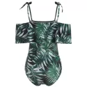 Leaves Print Cold Shoulder Ruffle Swimsuit -