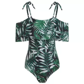 Leaves Print Cold Shoulder Ruffle Swimsuit -