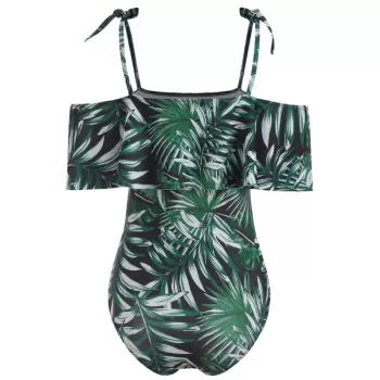 Leaves Print Cold Shoulder Ruffle Swimsuit -