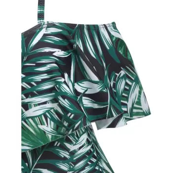 Leaves Print Cold Shoulder Ruffle Swimsuit -