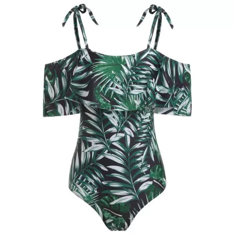 Leaves Print Cold Shoulder Ruffle Swimsuit -