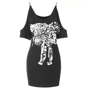 eopard Print Cut Out Shoulder Slim Dress - Black