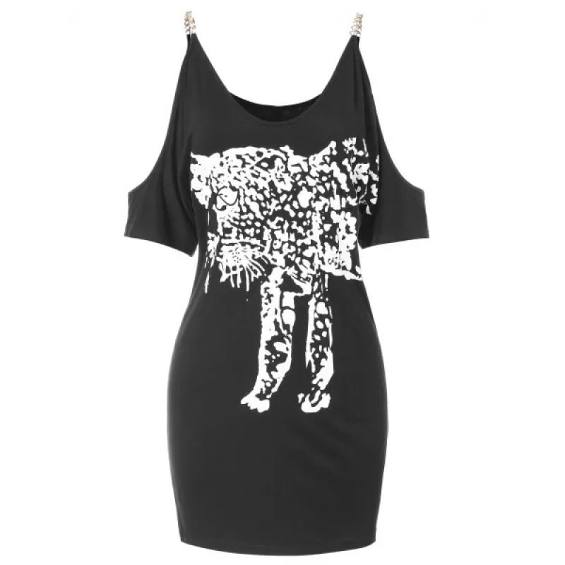 eopard Print Cut Out Shoulder Slim Dress - Black