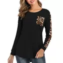 Leopard Print Round Neck Pocket Tee - Black