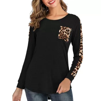 Leopard Print Round Neck Pocket Tee - Black