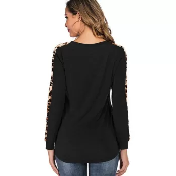 Leopard Print Round Neck Pocket Tee - Black