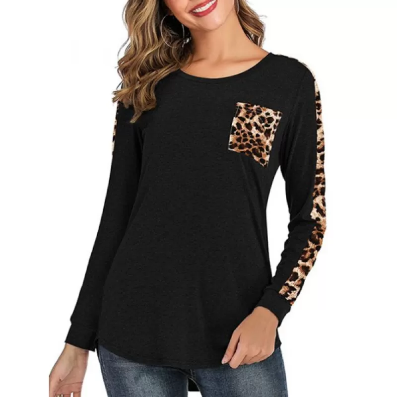 Leopard Print Round Neck Pocket Tee - Black