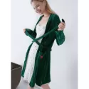 Letter Embroidered Belted Sleeping Robe - Deep Green