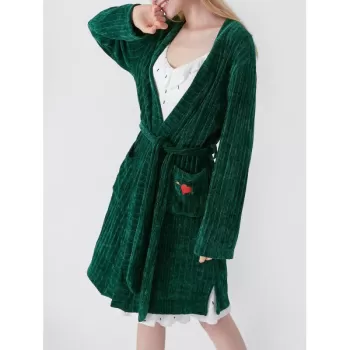 Letter Embroidered Belted Sleeping Robe - Deep Green