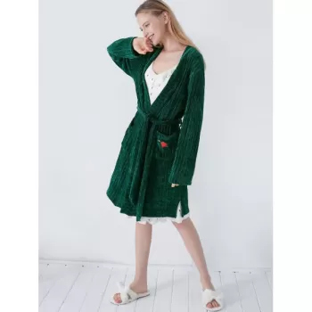 Letter Embroidered Belted Sleeping Robe - Deep Green