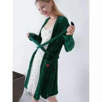 Letter Embroidered Belted Sleeping Robe - Deep Green