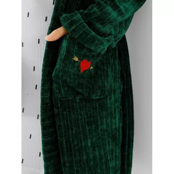Letter Embroidered Belted Sleeping Robe - Deep Green