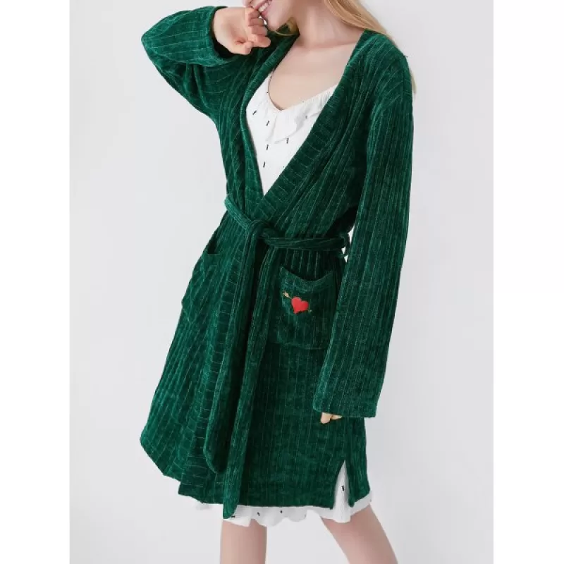 Letter Embroidered Belted Sleeping Robe - Deep Green