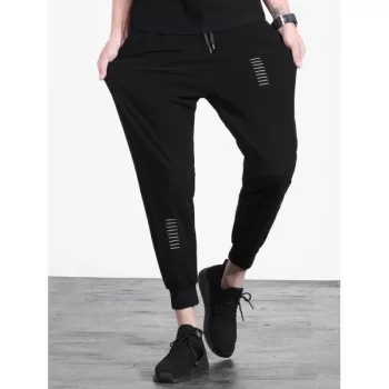 Letter Lines Print Pockets Drawstring Elastic Jogger Pants - Black