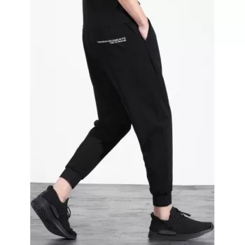 Letter Lines Print Pockets Drawstring Elastic Jogger Pants - Black