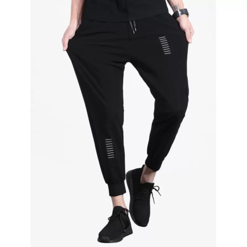 Letter Lines Print Pockets Drawstring Elastic Jogger Pants - Black