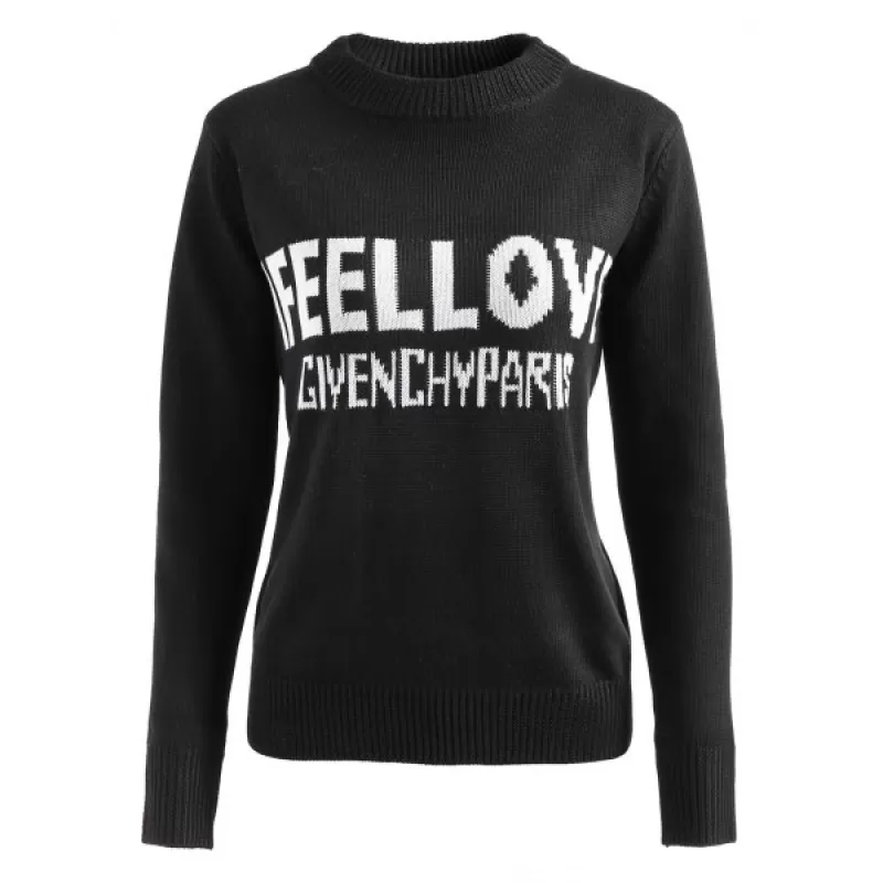 Letter Print Knit Sweater - Black One