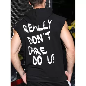 Letters Print Kangaroo Pocket Hooded Tank Top - Black