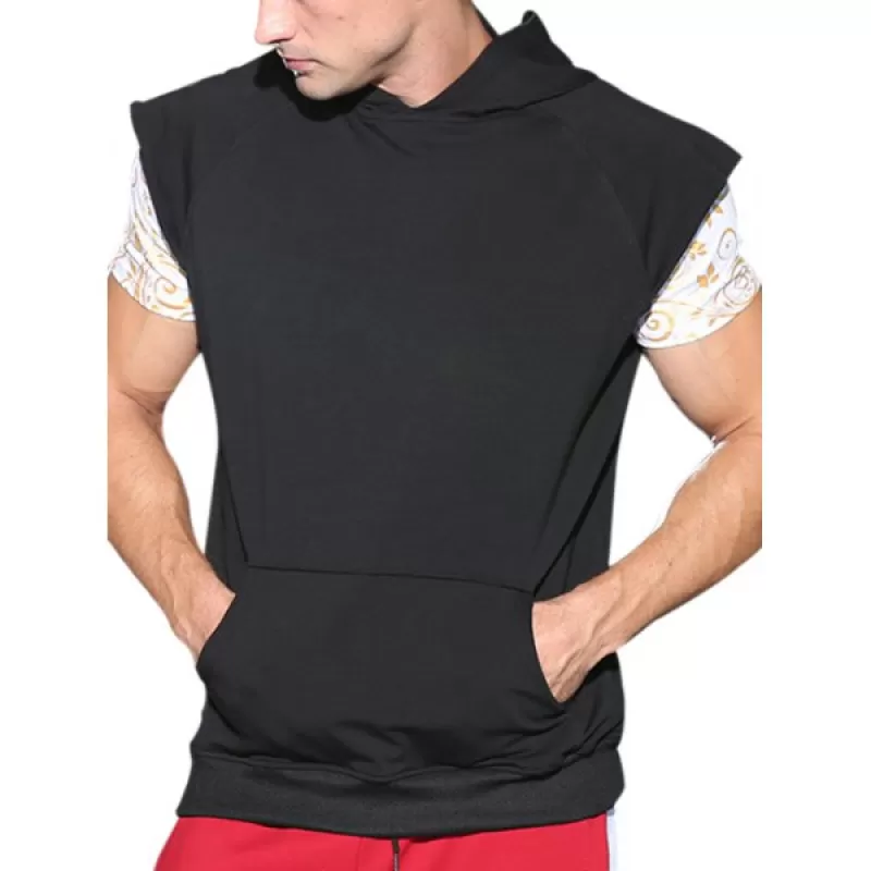 Letters Print Kangaroo Pocket Hooded Tank Top - Black