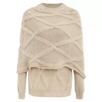 ong Sleeve Cable Knit Sweater with Scarf - Beige