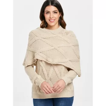 ong Sleeve Cable Knit Sweater with Scarf - Beige
