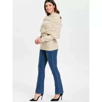 ong Sleeve Cable Knit Sweater with Scarf - Beige