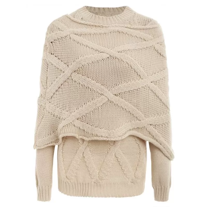 ong Sleeve Cable Knit Sweater with Scarf - Beige