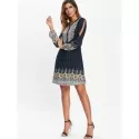 Long leeve Casual Print Dress - Midnight Blue