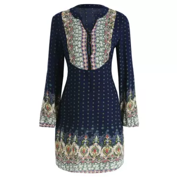 Long leeve Casual Print Dress - Midnight Blue