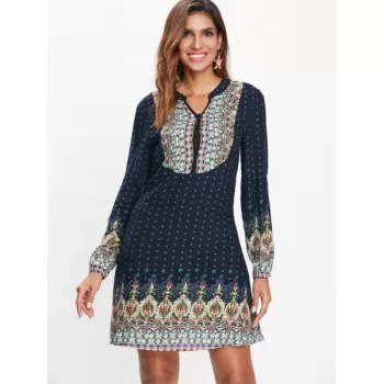 Long leeve Casual Print Dress - Midnight Blue