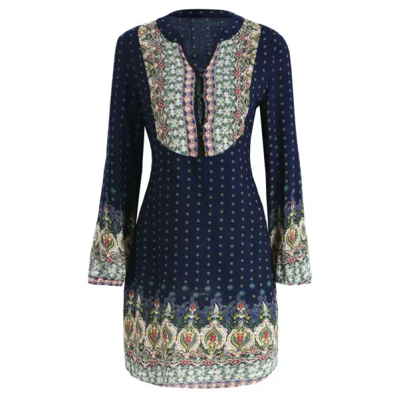Long leeve Casual Print Dress - Midnight Blue