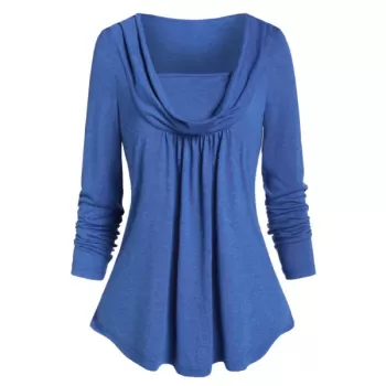 Long Sleeve Cowl Collar Space Dye T Shirt - Cornflower Blue