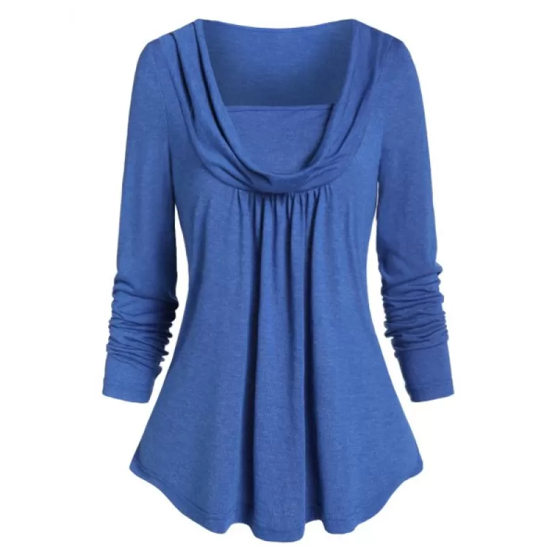 Long Sleeve Cowl Collar Space Dye T Shirt - Cornflower Blue