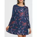 Long Sleeve Feather Print A-line Dress - Cadetblue